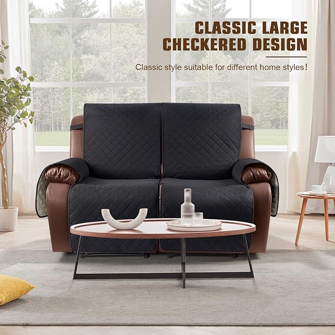 KinCam Waterproof Oversized Loveseat Recliner Cover, Non-Slip Reclining Couch Covers for 2 Seat, Recliner Sofa Cover Furniture Protector with Elastic Straps for Kids, Pets, Black