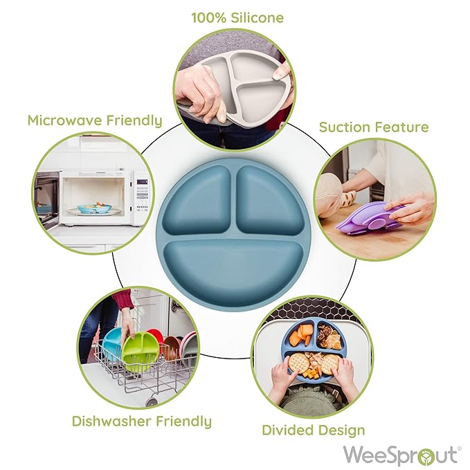 WeeSprout Suction Plates for Babies & Toddlers - 100% Silicone, Dinnerware Stays Put, Divided Design for Picky Eaters, Microwave & Dishwasher Friendly, 3 Pack