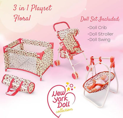 Baby Doll Accessories Set - 3-1 Baby Doll Furniture Set with Baby Doll Stroller, Baby Doll Crib 18” Doll 18" Dolls