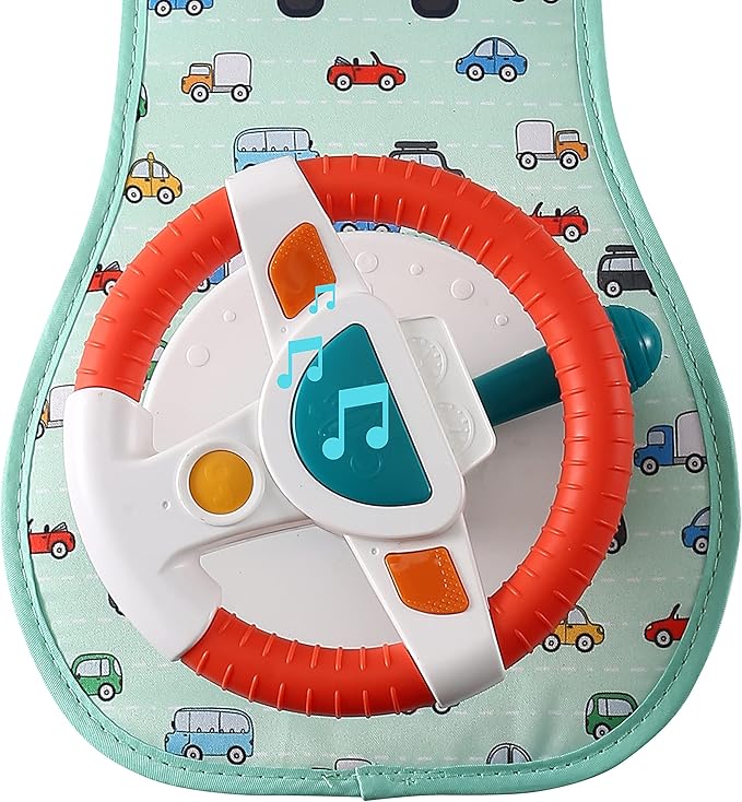 BETTERLINE Baby Car Seat Toy for Infants and Toddlers, Interactive Driving Steering Wheel with Lights, Music and Mirror, Realistic Driving Sounds - Can use for Stroller or Playpen, Adjustable Strap