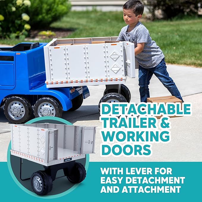 Kid Trax 12V Kids Ride On Semi-Truck with Detachable Trailer - Realistic Sounds, Lights 3-5, Max 77 lbs
