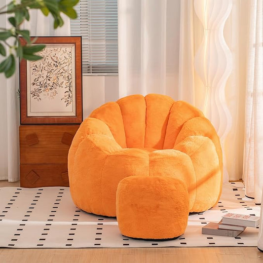 Giant Bean Bag Chair with Foot Pedals, Oversized Bean Bag Couch for Adults and Kids, Faux Fur Shell-Shaped Large Bean Bag Chair with Filler, Pumpkin Shape Sofa Chair Floor Sofa for Reading (Orange)