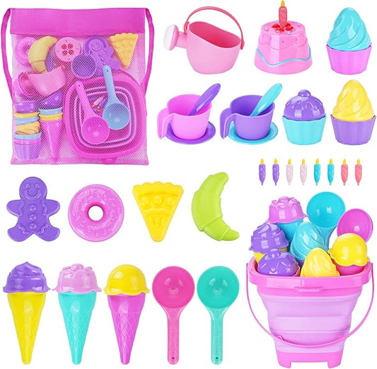 Ice Cream Beach Toys Sand Toys Set for Kids, Collapsible Sand Bucket and Shovels Set with Mesh Bag