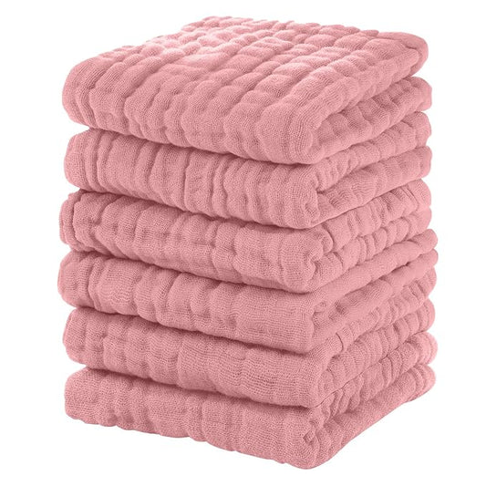 Muslin Baby Washcloths 6 Pack, 100% Cotton Wash Cloths for Babies, Large 12''X12'' Burp Cloths Absorbent and Soft for Newborn Infants Kids Boys Girls - Bean Paste
