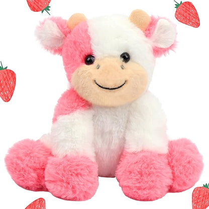 Hopearl Adorable Plush Cow Toy Floppy Dairy Cattle Soft Stuffed Animal Cute Birthday for Boys Girls Kids Toddlers, Strawberry Pink 9''
