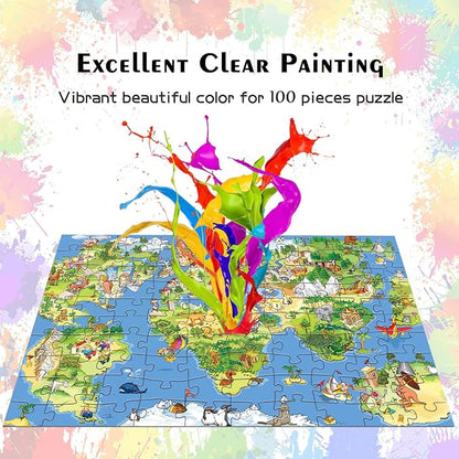 HUADADA Jigsaw Puzzles for Kids 100 Pieces, World Map Floor Toys Montessori Games Learning Education Activities Birthday Gifts for Toddlers Boys Girls Ages 5 6 7 8+ Years Old (15"x10") 1:1 Poster