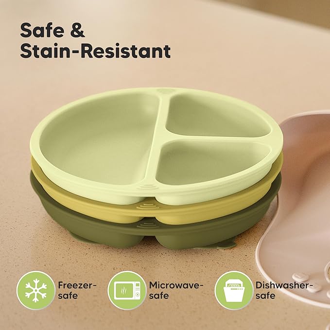 KeaBabies Suction Plates for Baby, Toddler - 3-Pack 100% Silicone Toddler Plates, Divided Baby Plates with Suction, Silicone Plates for Baby, Kids, BPA-Free, Microwave, Dishwasher Safe (Olives)