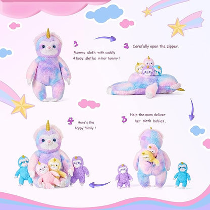 IKASA Mommy Sloth Stuffed Animal Mom and Baby Plush Toy,Cute 20" Soft Small Fluffy Mama Family Set Toy with Little Mini Babies