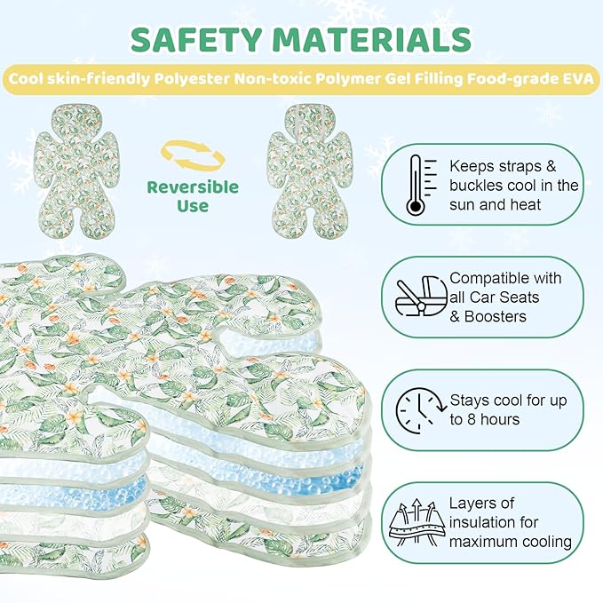 KAKIBLIN Baby Car Seat Cooling Pad,Universal Double Sided Ice Car Seat Cooler Pad for Baby Children and Kids,Durable Gel Babies Cooling Mat Cushion for Stroller,Chair,Keep Cool in Summer (Green Plant)