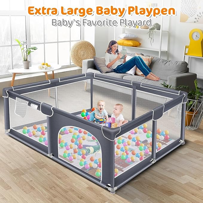 Suposeu Baby Playpen with Mat, Large Playpen for Babies and Toddlers, Play Yard for Indoor and Outdoor Use, Sturdy Safety Fence with Soft Breathable Mesh (71x59 Inches, Grey)