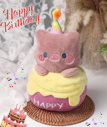 Birthday Stuffed Animal Pig Plush - Adorable Birthday Cake Stuffed Doll, Cute Happy Pig with Glowing Candle, Party Decorations, Kids' Gifts, 11 Inch