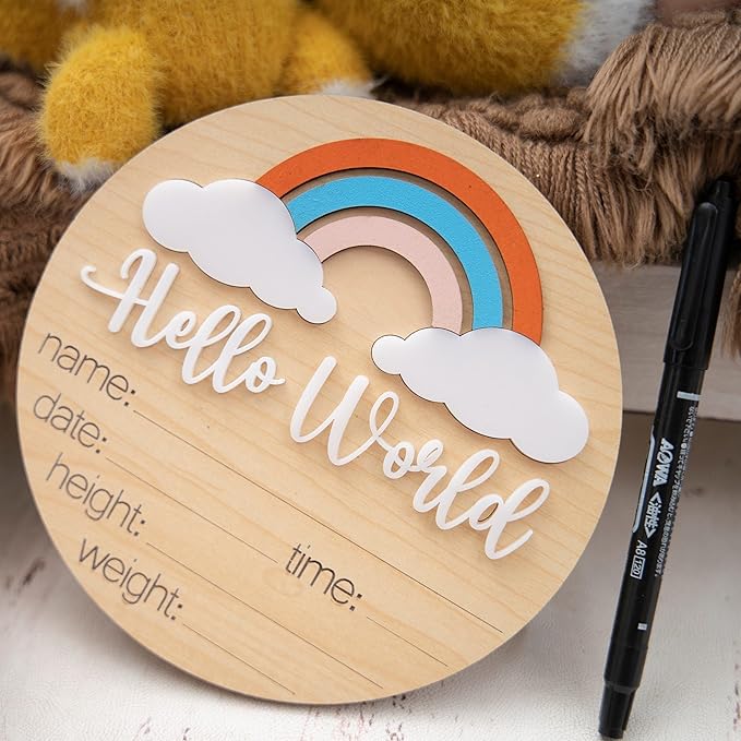 Wooden Baby Announcement Sign, Hello World Rainbow 1 Piece, 3 Customizable 3D Dimensional,