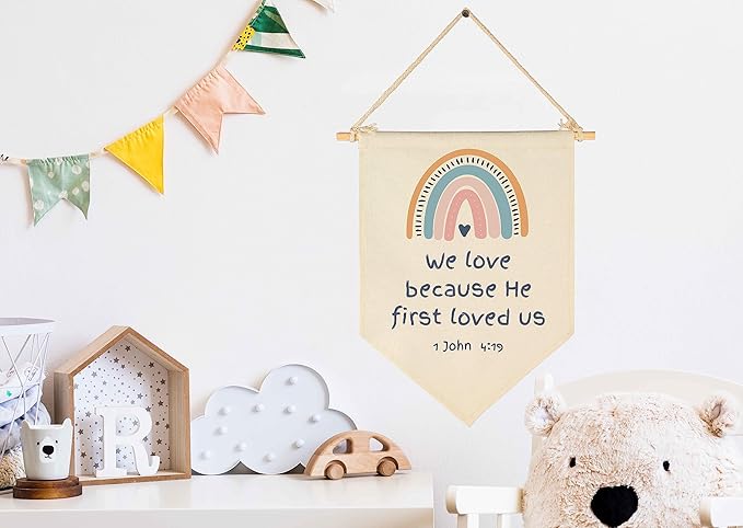 We Love Because He First-Scripture-Kids Memory Bible Verse -Flag Decor