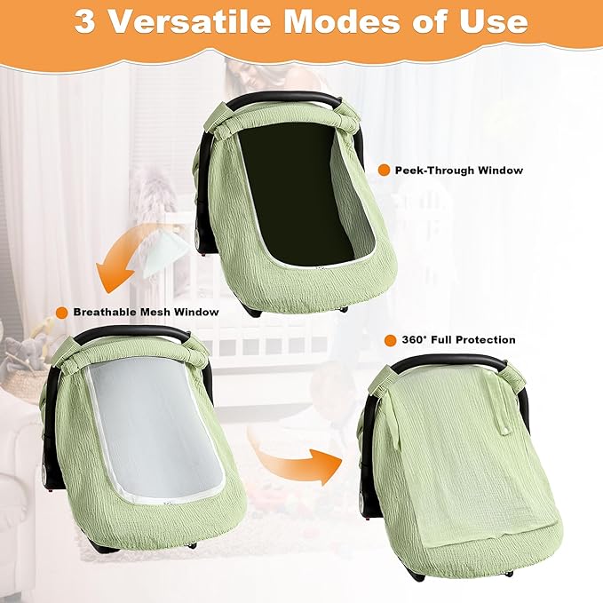 Muslin Cotton Car Seat Cover Baby, Universal Fit Carseat Cover for Baby, Infant Car Seat Cover with Mesh Peep Window, Baby Car Seat Cover for Carrier, Stroller, High Chair, Shopping Cart (Green)