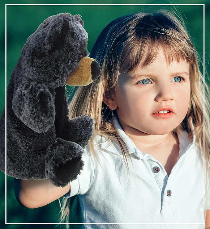 DolliBu Black Bear Plush Hand Puppet for Kids - Soft Plush Stuffed Animal Hand Puppet Toy, Puppet Show Games Puppet Theaters for Kids