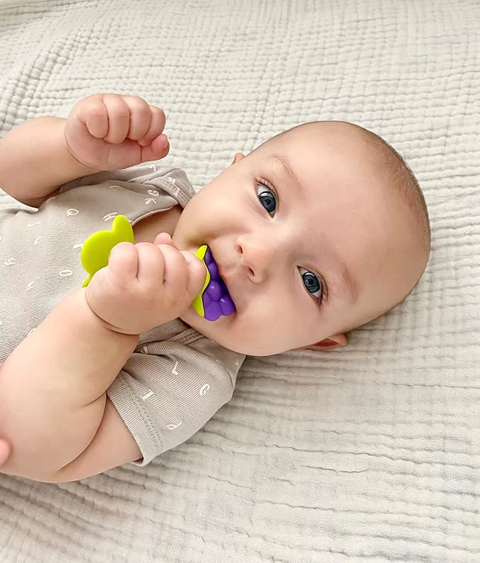 RaZbaby Infant & Baby Massager & Teether Toy 3-Pack, Fruit-Shaped Multi-Texture Teethers Soothe Sore Gums 3M+