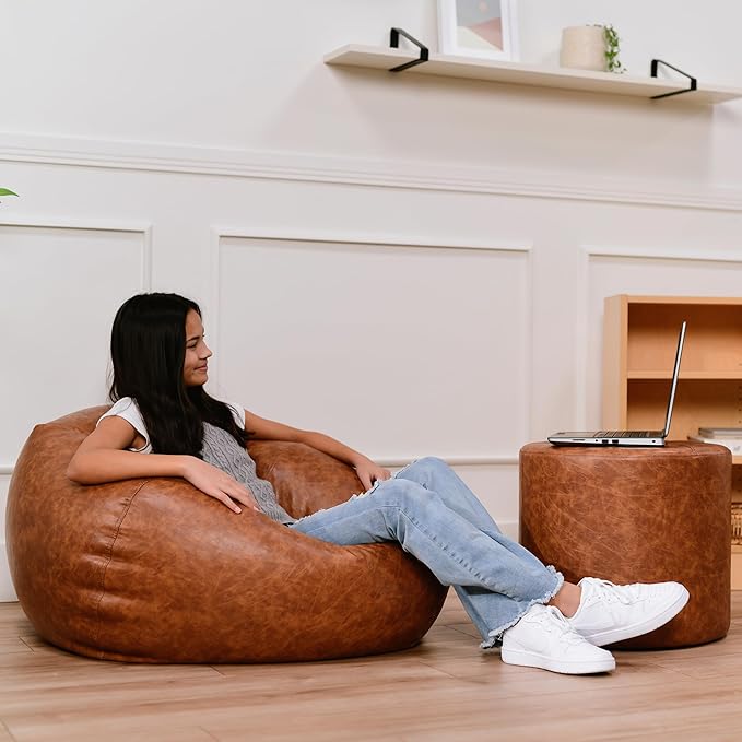 Factory Direct Partners 35" Rustic Western Bean Bag Chair; Distressed Faux Leather, Low to Ground for Reading, Playing Video Games and Relaxing; Flex Seating for Home and School - Hazelnut, 10478-322