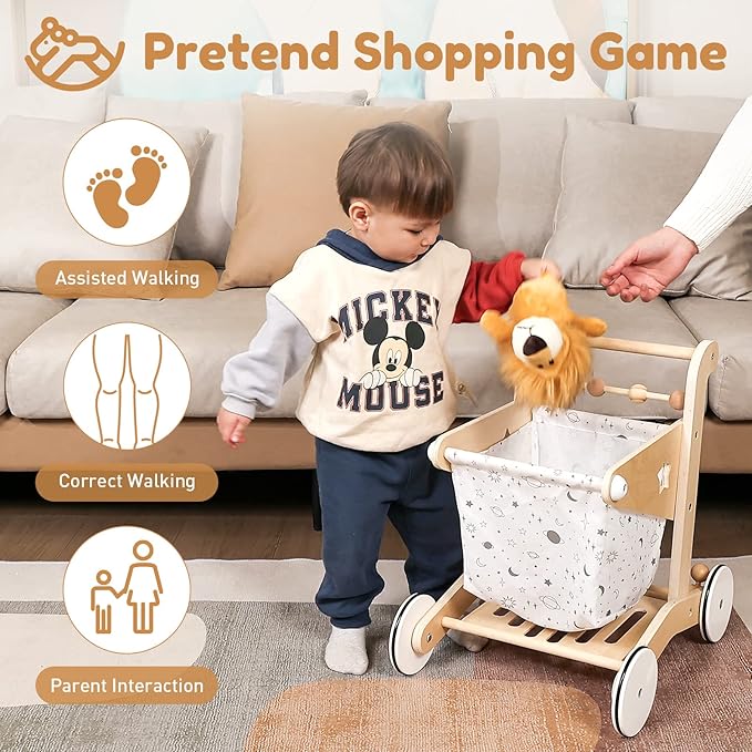 Wooden Baby Walker Doll Stroller | Adjustable Speed Shopping Cart for Toddlers 1-3
