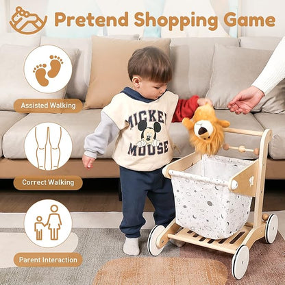 Wooden Baby Walker Doll Stroller | Adjustable Speed Shopping Cart for Toddlers 1-3