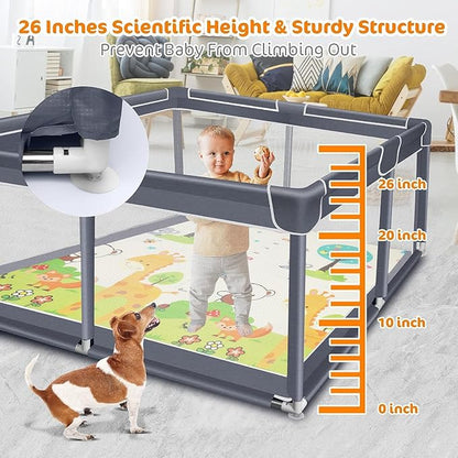 Suposeu Baby Playpen with Mat, Large Playpen for Babies and Toddlers, Play Yard for Indoor and Outdoor Use, Sturdy Safety Fence with Soft Breathable Mesh (71x59 Inches, Grey)