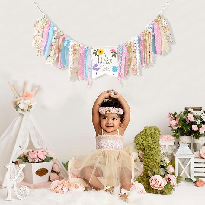 Wild flower High Chair Banner - Girls Wild One 1st Birthday Decoration, Floral Theme Highchair Banner
