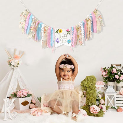 Wild flower High Chair Banner - Girls Wild One 1st Birthday Decoration, Floral Theme Highchair Banner