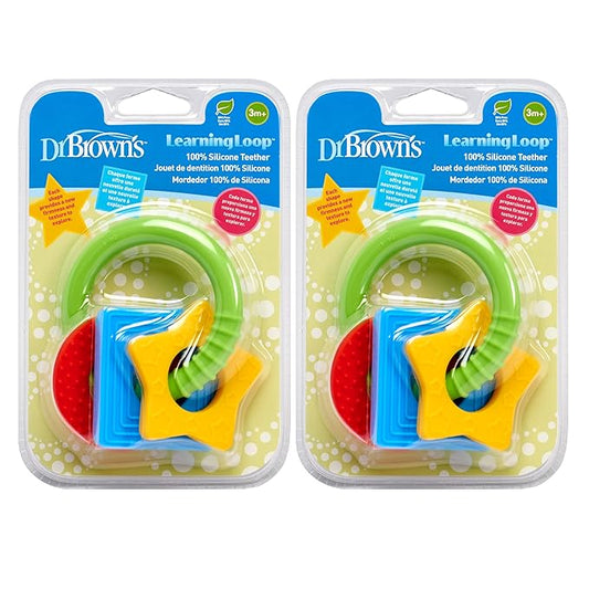 Dr. Brown's Learning Loop, Baby Teether Ring with Multiple Shapes & Textures 100% Silicone, 3m+ (Pack 2)