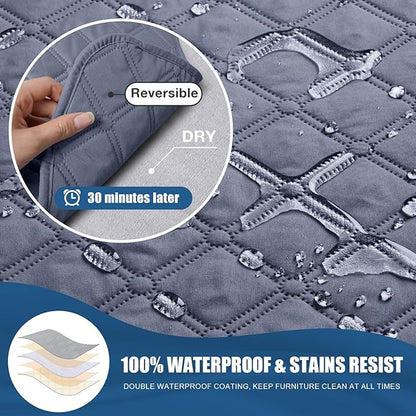 TAOCOCO 100% Waterproof Recliner Covers, Recliner Sofa Covers with Leg Straps, Reversible Recliner Couch Cover for Reclining Chair, Washable Couch Protector for Pets Kids(1 Seater 22", Bluish Gray)