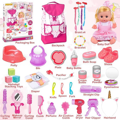 Baby Care & Hair Salon Doll Toy Set, 35PCS Doll Playset 14'' Baby 3 4 5 6+