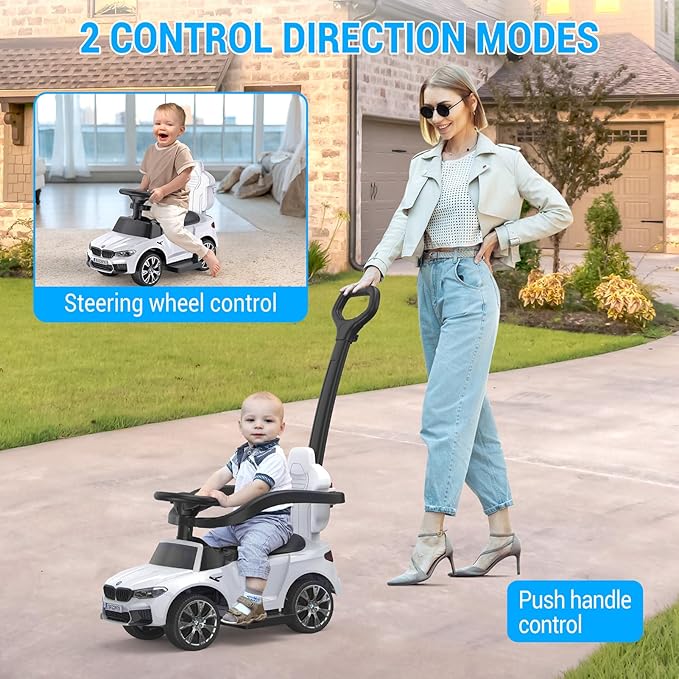 Hetoy Push Cars for Toddlers 1-3 Boys Girls，4-in-1 Ride On Cars Licensed BMW with Horn, Music