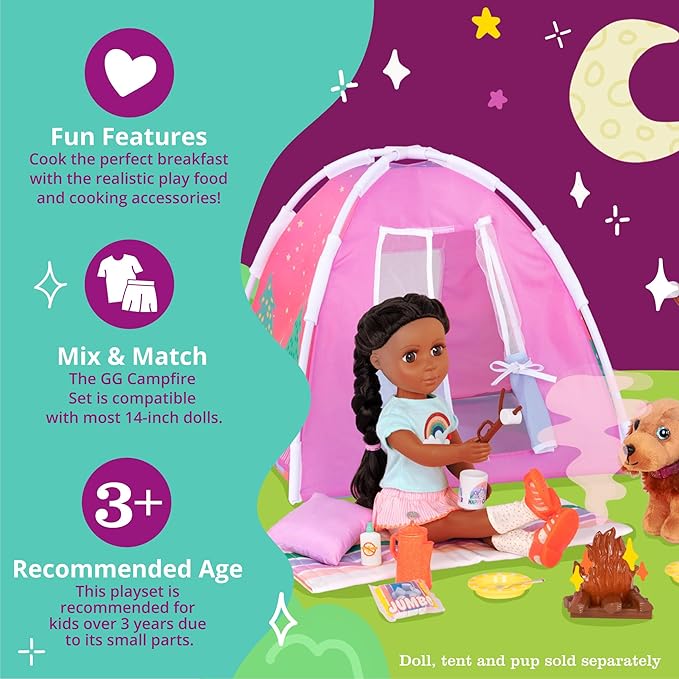 Glitter Girls– Campfire & Portable BBQ Grill Set – Marshmallows, Toasting Sticks 14-inch Doll 3 and