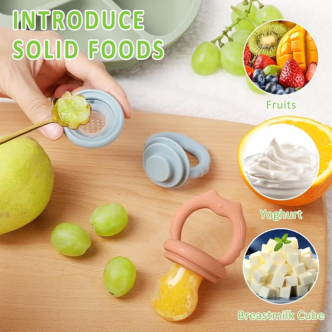 Silicone Baby Fruit Food Feeder Pacifier & Baby Food Freezer Tray Combo, Breast Milk Popsicle Freezer Molds Teether Toy for Babies 3-6 12 Months,