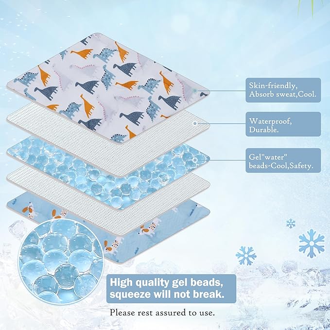 Gel Car Seat Cooler Pad,1 Pack Double Sides-Universal Baby Stroller Ice Cushion Cooler Mat,Summer cooling Seat Liner,Multifunctional Suitable for Baby Dining Chair,Child Safety Seat (Dinosaur+Dog)