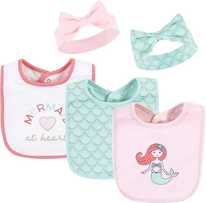 Hudson Baby Unisex BabyCotton Bib and Headband or Caps Set