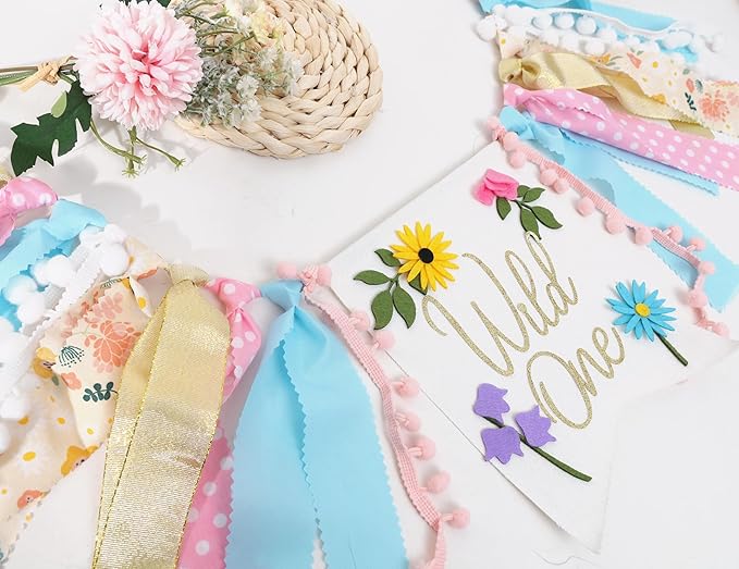 Wild flower High Chair Banner - Girls Wild One 1st Birthday Decoration, Floral Theme Highchair Banner