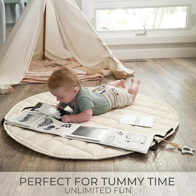 Soft Tummy Time Book w/ Stimulating Baby Safe Mirror - Fun Black and White Montessori Toy w/ Crinkle Filling & 20 High Contrast Designs