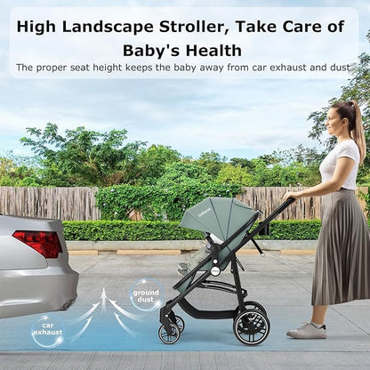 INFANS 2 in 1 Baby Stroller, High Landscape Infant Stroller & Reversible Bassinet Pram, Foldable Pushchair with Adjustable Canopy, Cup Holder, Storage Basket, Suspension Wheels (Green)