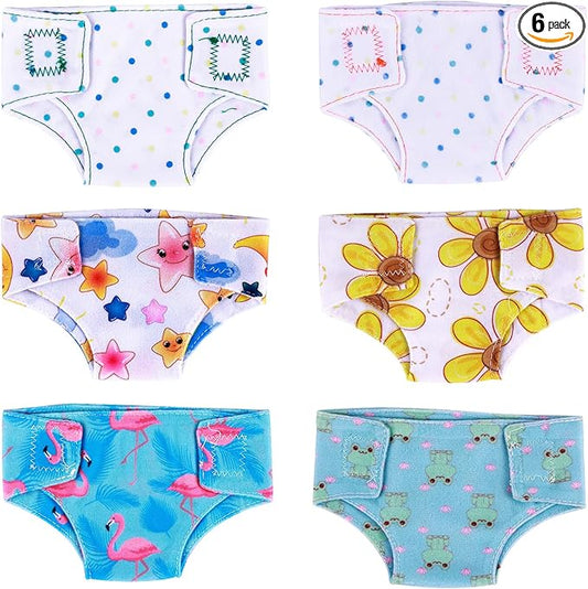 BABESIDE 6 PCS Baby Doll Diapers Underwear for 12-15 Inches Dolls, Reusable Doll Diapers Fits Baby Doll