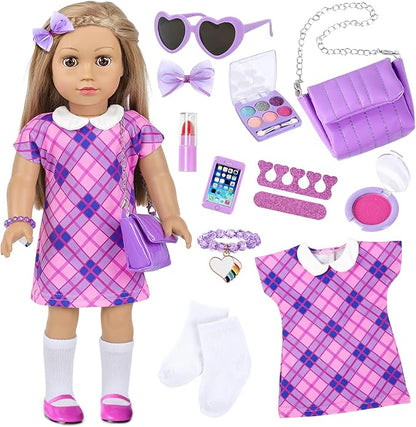 ZNTWEI American 18 Inch Doll Clothes and Makeup Accessories Playset Fit 18 Inch Doll includes Dolls Clothes Sunglasses Phone Eye Shadow Plate Bag Lipstick Bracelet Blusher Hairpins