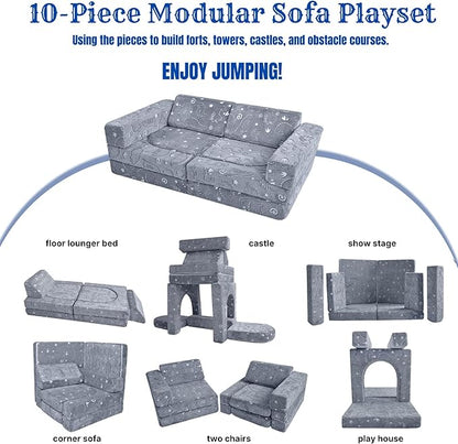 MeMoreCool 10-Piece Kids Couch, Modular Kids Sofa for Playroom, Fold Out Play Couch for Girl Boy, Glow Dino