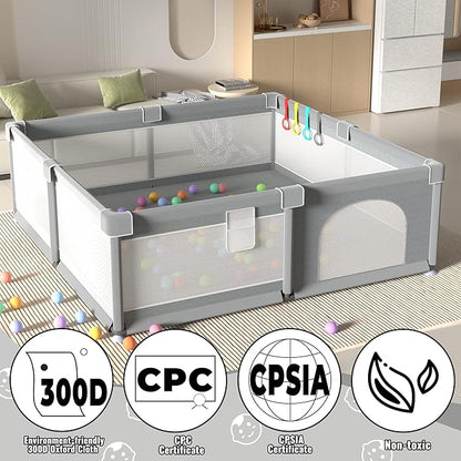 LUTIKIANG Baby Playpen, 79" X 71" Extra Large Playpen for Babies and Toddlers with Gates, Baby Play Yards, Baby Fence Play Area, Safety Indoor Baby Play Area with Ocean Balls (Grey)