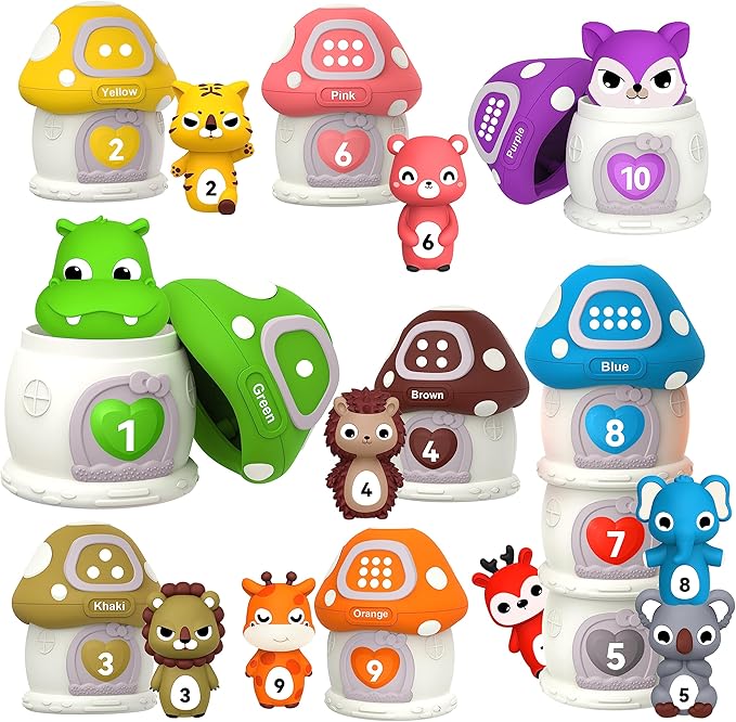 20PCS Farm Animal Toys Toddler Toys Age 1-2 2-4, Montessori Toys for 1 Year Old Finger Puppets Mushroom House Learning Stacking Toys 2
