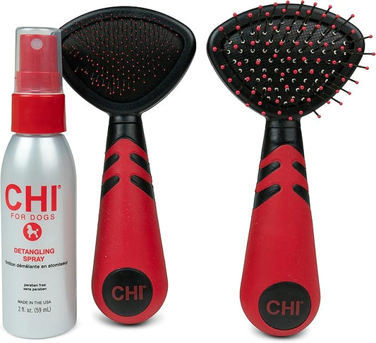 CHI for Dogs Small Dogs Detangling Kit | Small Dog Grooming Kit | 3 Pieces for Dog Grooming, Detangling Spray for Dogs, Slicker Brush, and Double-Sided Brush