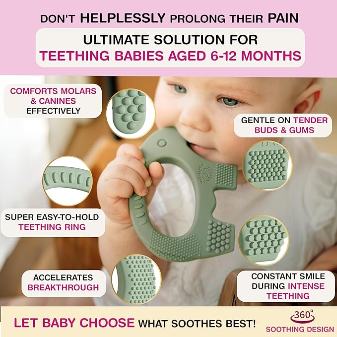 Teethers for Babies 6-12 Months - Baby Elefun 5x Pain Relief Toddler Teether. No More Ouch for Mom Anti Bite Trainer. Nurtures Grasping, Passing