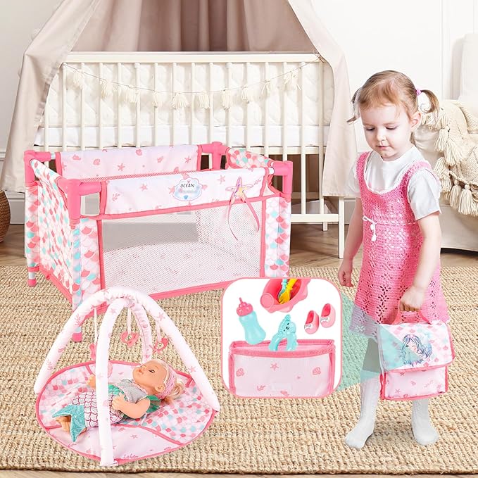deAO Baby Doll Stroller Crib Bed Nursery Role Play Set Baby Doll Accessories and Play Mat,Travel Cot