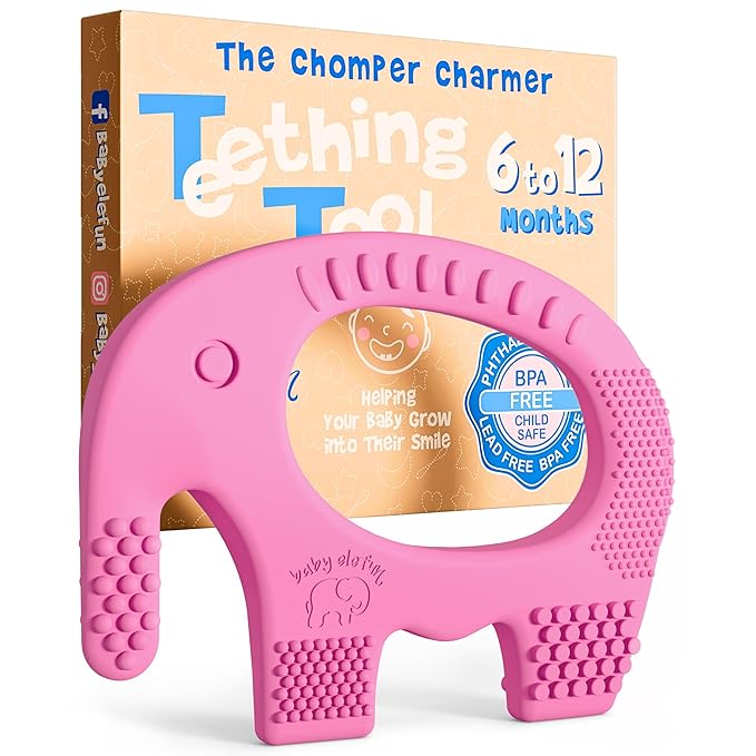 Teethers for Babies 6-12 Months - Baby Elefun 5x Pain Relief Toddler Teether. No More Ouch for Mom Anti Bite Trainer. Nurtures Grasping, Passing