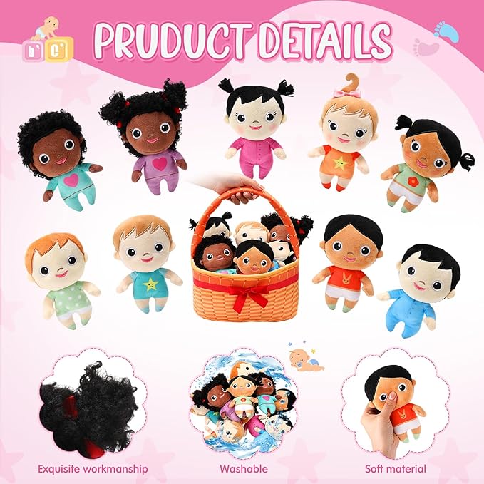 HyDren Basket Plush Baby Dolls, Set of 10 Soft Diversity Dolls 6'' Multicultural Sensory Dolls