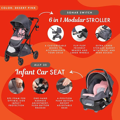 Baby Trend Sonar™ Switch 6-in-1 Modular Stroller Travel System with Ally™ Infant Car Seat, Desert Pinnk