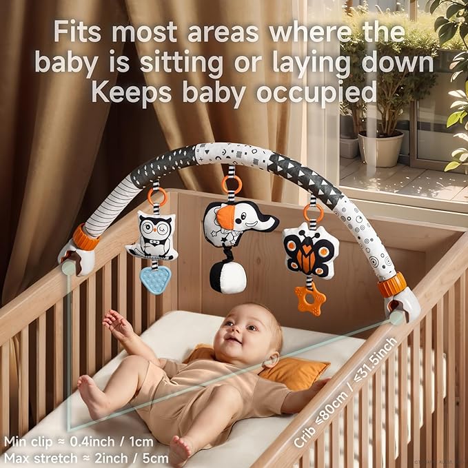 TUMAMA Car Seat Toys for Babies 0-6 Months, Stroller Toys for Infant 0-6 Months, Newborn Sensory Hanging Rattle Arch Toy with Butterfly Elephant Owls,Musical Toy for Baby 6-12 Months