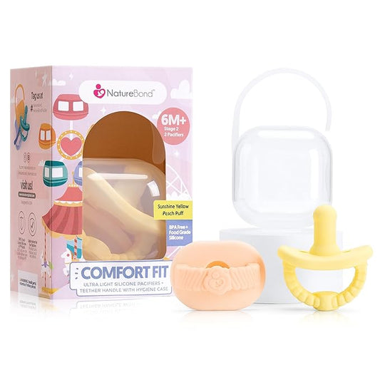 NatureBond Baby Pacifier Soother Silicone Binky Newborn Teether Pacifiers 2 in 1, Curved for Comfort | Hygiene Cover (Above 6 Months